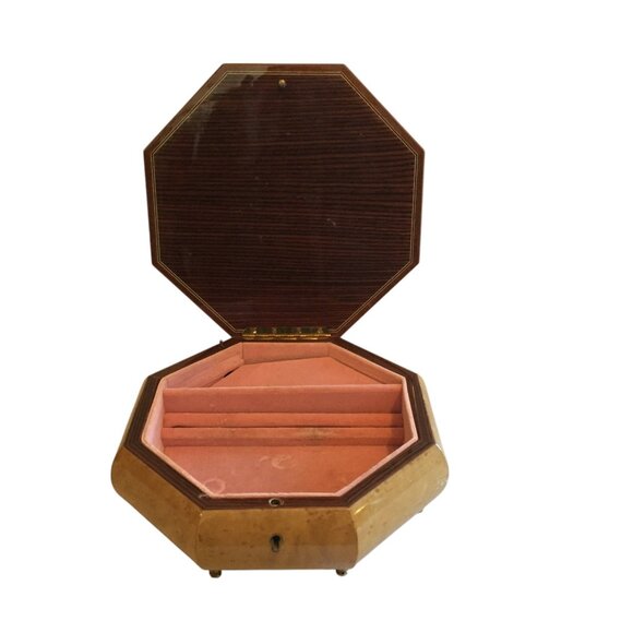 Vintage Reuge Swiss Music Jewelry Box Octagonal Design Floral Inlay & Velvet - Picture 11 of 15